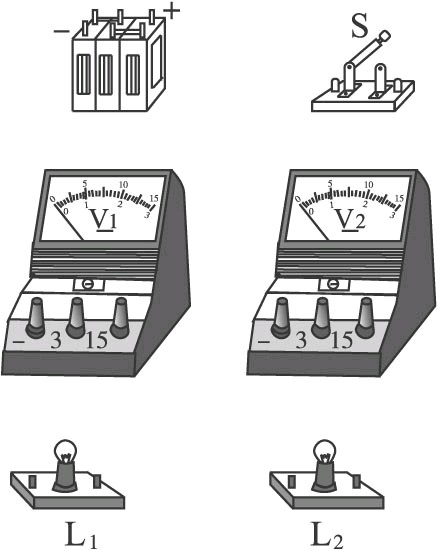 将图中的器材连接起来,要求:灯泡l1和l2串联,用电压表