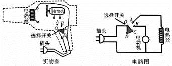 电动机通电后可以送风,当选择开关o接在c,d位置时,电吹风处于关停状态